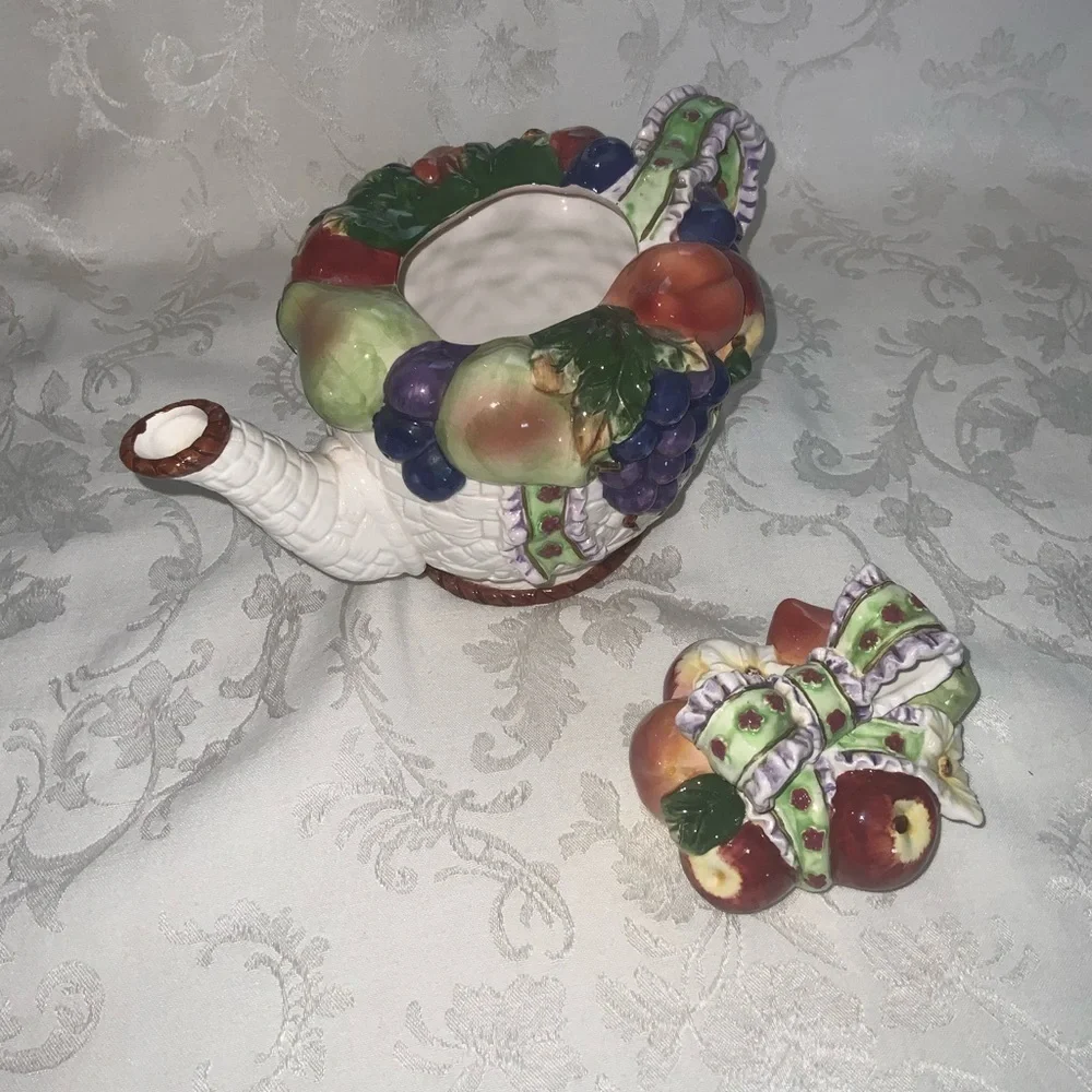 Tea For 3~Vintage 1970’s Colorful Fruit In A Basket~Ceramic Tea Pot & Three Cups